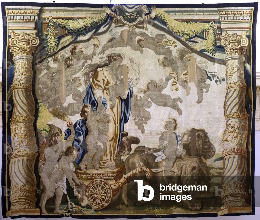 Flemish tapestry. Series Apotheosis of the Eucharist. Triumph of divine Love (Triunfo del Amor divino). Model Cartoon copied from an original by Rubens. Manufacture Brussels. Manufacture by Frans van den Hecke. Mid-17th century. Fabric Silk and wool, 7/8 warps per cm. Size 425 x 475 cm. Location Church of San Millán de la Cogolla, Oncala (Soria). Origin A donation by Bishop Juan Francisco Ximénez del Río, ca 1800.