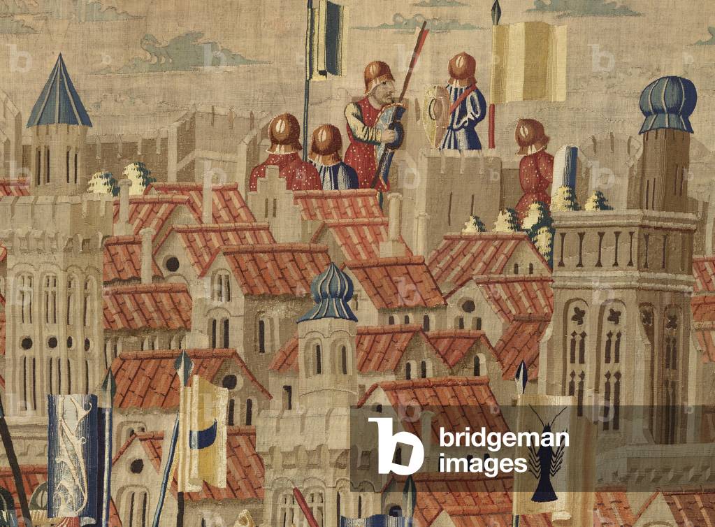 Tapestry showing the Conquests of king Alfonso V of Portugal (Conquistas de Alfonso V de Portugal), Tournai. Detail. (Wool and silk)