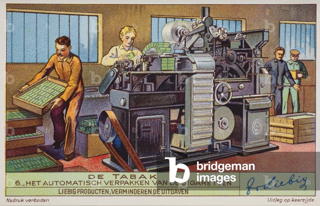 Liebig Chromos. Trade card. Series 1407, tobacco production, no 6, automatic packaging. 1939.