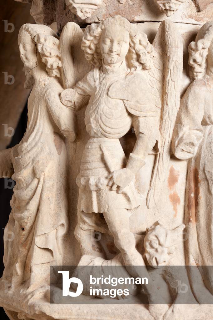 Museum Museu Comarcal de l'Urgell. A wayside cross Creu de terme. Sculpture. White stone. Originally of the church Carme de Tàrrega. Detail. 122x110x38,5cm. Museum ref MCUT 4417. 1424 - 1436.