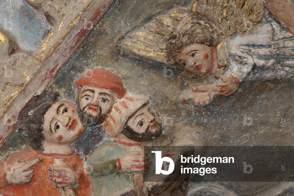 Altarpiece. polychrome stone. Second half 14th century. Origin former parish church of Torre de Rialb. Detail. Mid register. Right panel. The saints Iscle and Victoria thrown in the river Guadalquivir with a mill stone on their neck.