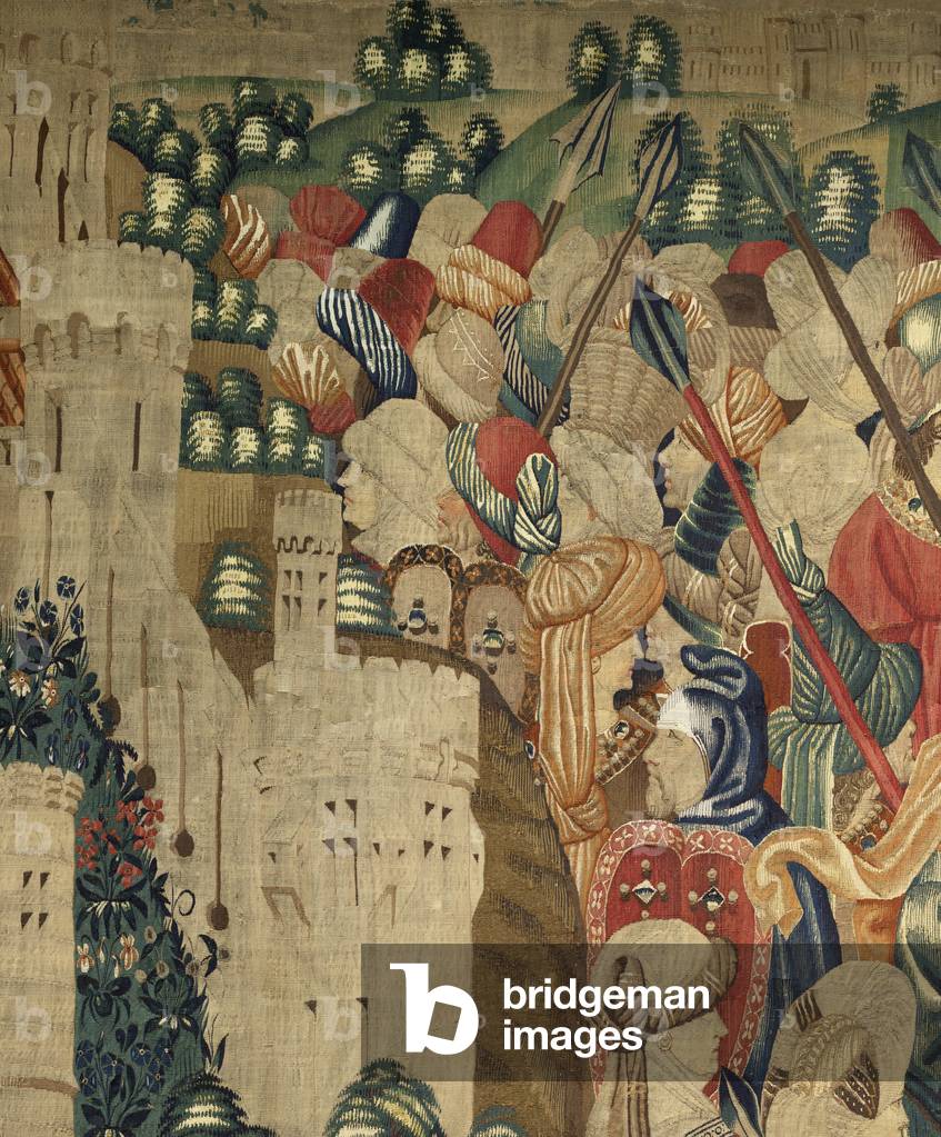 Tapestry showing the Conquests of king Alfonso V of Portugal (Conquistas de Alfonso V de Portugal), Tournai. Detail. (Wool and silk)