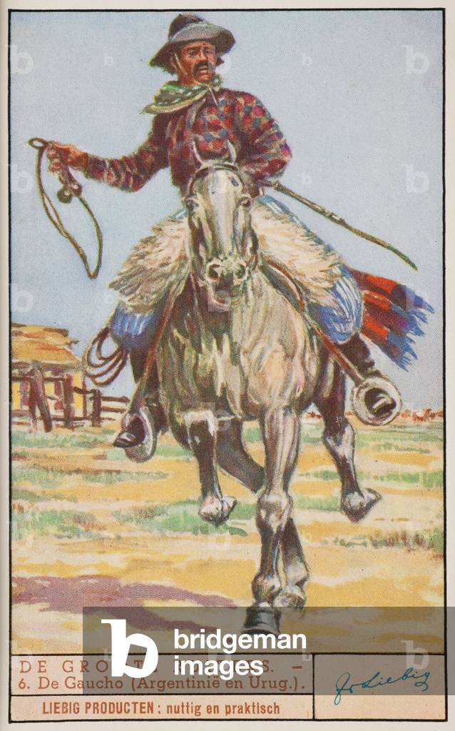 Liebig Chromos. Trade card. Series 1394, The greatest horse riders, no 6, the gaucho. 1939.