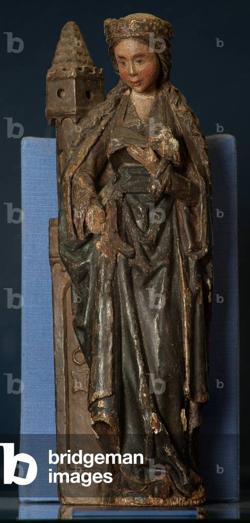 Town hall. MOU Museum Oudenaarde. Statue Saint-Barbara (Sint-Barbara met toren). Polychromed wood 16th century.