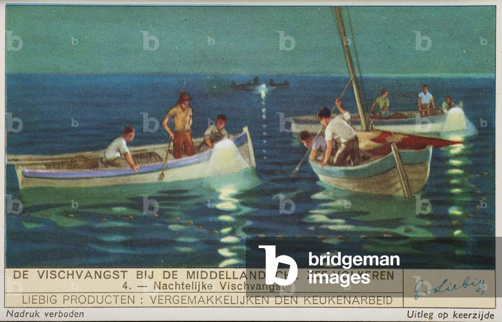 Liebig Chromos. Trade card. Series 1404, mediterranian fishing, no 4, fishing at night. 1939.