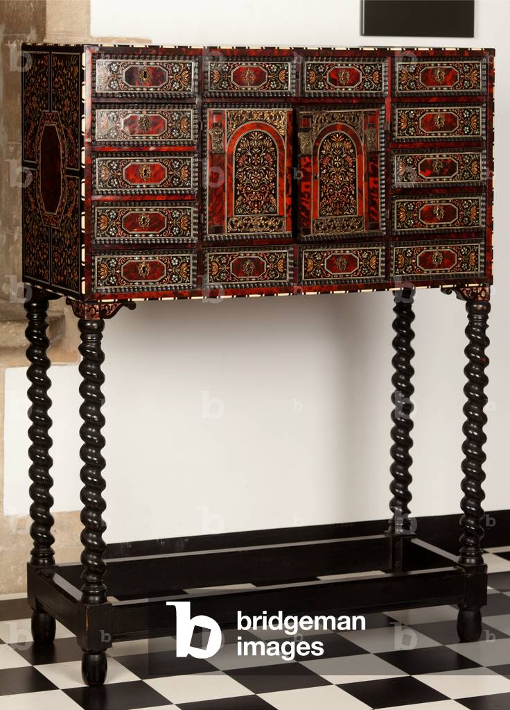 Town hall. MOU Museum Oudenaarde. Furniture cabinet (Pronkkabinet 2). Louis XIII piece of furniture. Inlaid work.