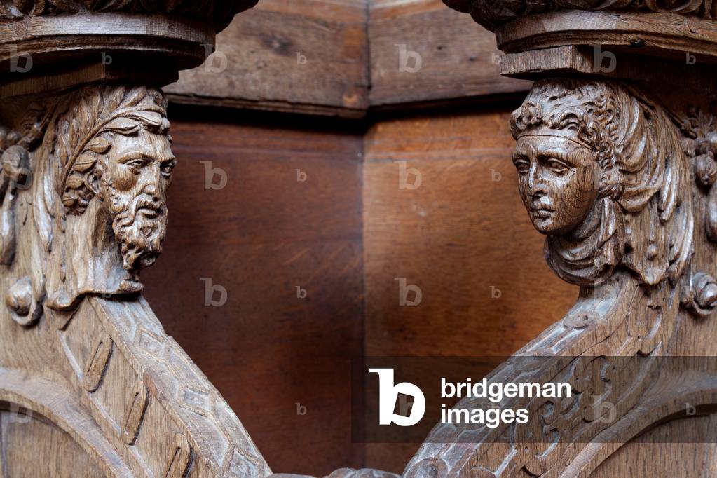 Collegiate church. Interior. Choir. Seating. Renaissance. Wood. Detail. Sculpture.