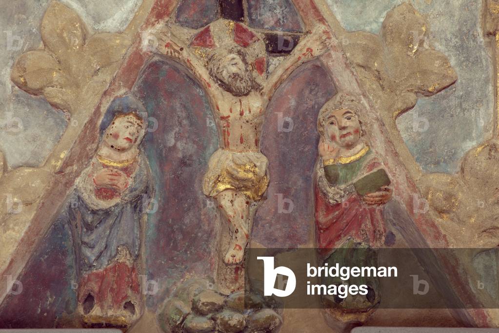 Altarpiece. polychrome stone. Second half 14th century. Origin former parish church of Torre de Rialb. Detail. Upper register. Crucification with the Virgin and Saint John. Ca 101x74cm.