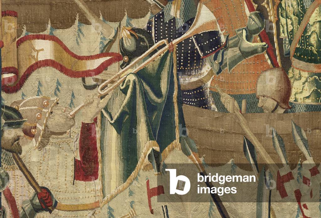 Tapestry showing the Conquests of king Alfonso V of Portugal (Conquistas de Alfonso V de Portugal), Tournai. Detail. (Wool and silk)