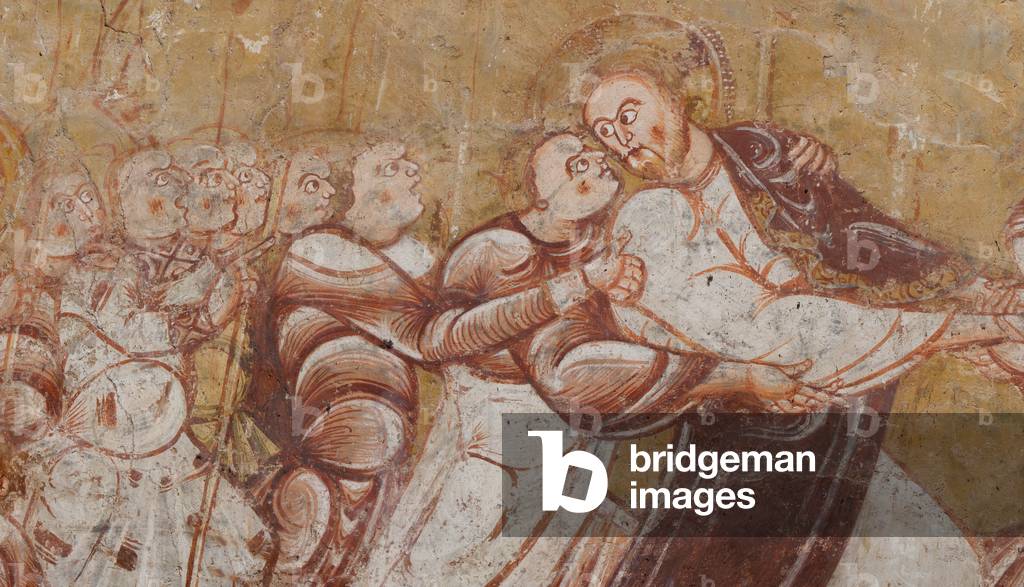 Church (Église Saint-Martin). Interior. Wall paintings (fresco). North wall of the choir. Detail. Arrest of Christ. 12th century.