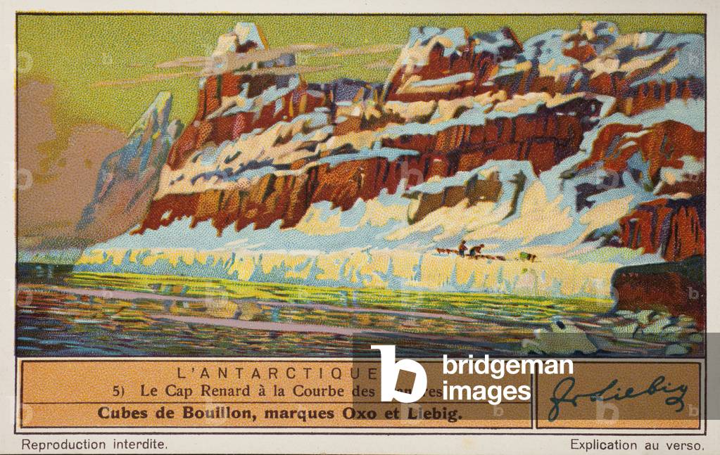 Liebig Chromos. Trade card. Series 1328, the Antarctic, no 5, the cape Cap Renard and the Flanders Bay. Private collection. 7,1 x 11cm.