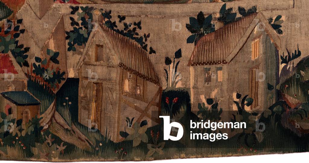 History of Saint Piat and Saint Eleuthère, Scene 7 baptism of the exiles chritians, Detail bottom. Two houses.