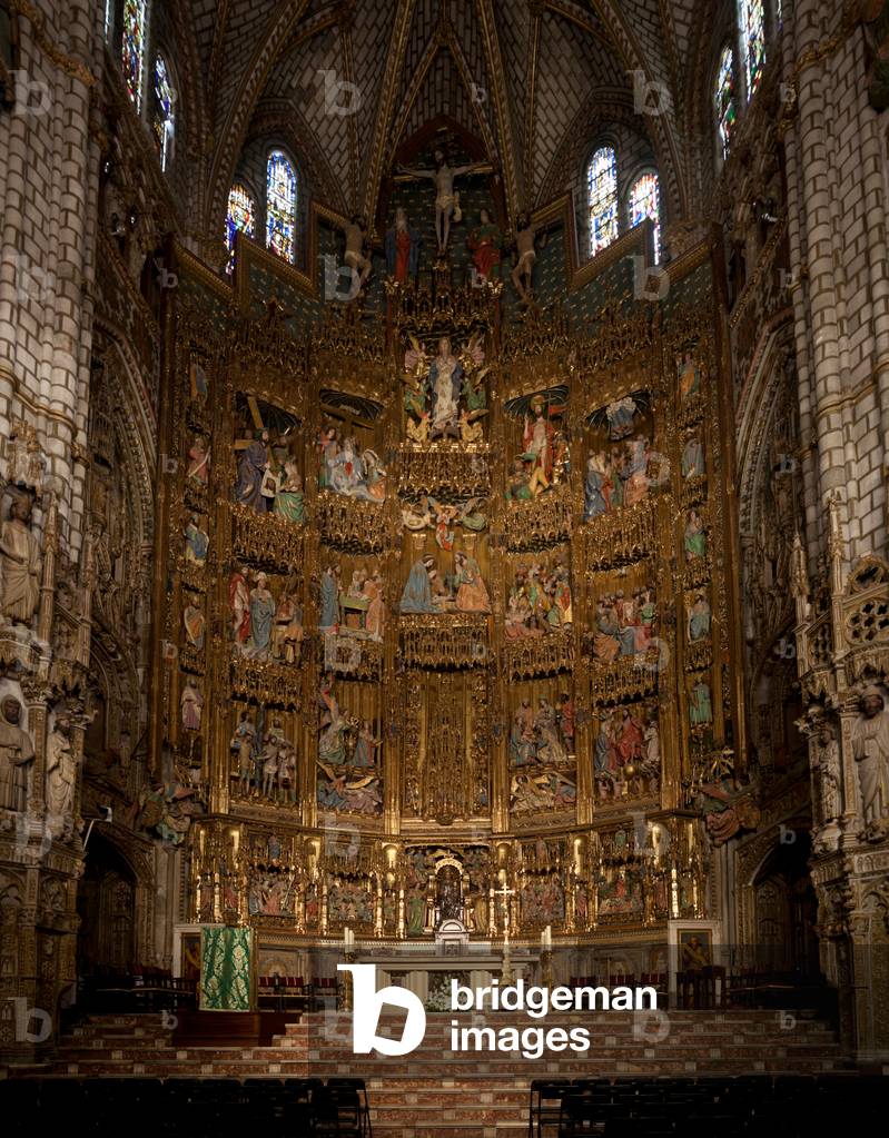 Cathedral (Catedral de Santa María). Interior. The choir (Capilla Mayor). The altarpiece. Enrique Egas and Pedro Gumiel, design; Francisco de Amberes and John of Burgundy (Juan de Borgoña, painting; Rodrigo Alemàn, Felipe Vigarny, Diego Copín de Holanda and Sebastiàn de Almonacid, sculptures; Petit Juan o Peti Joan (ornaments).