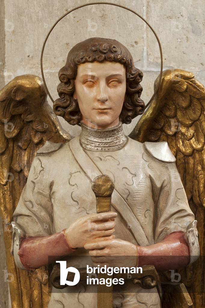 Collegiate church (Sint-Hermeskerk). Interior. Statue. Saint Michael (?). Polychromed. 19th century (?). Detail bust.