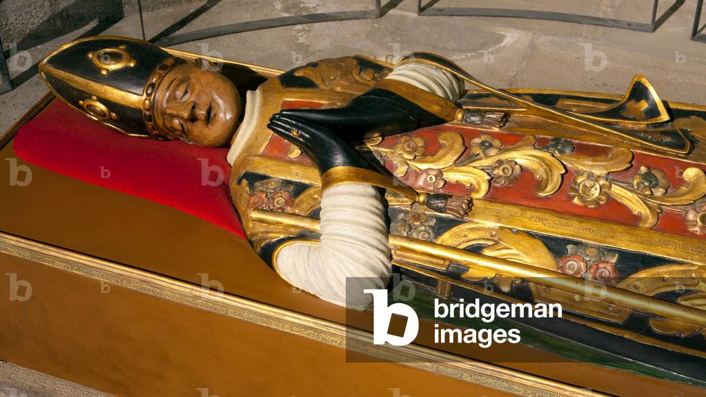Cathedral. Interior. Altarpiece (Sant Ermengol). Detail. The tomb effigy. Bust.