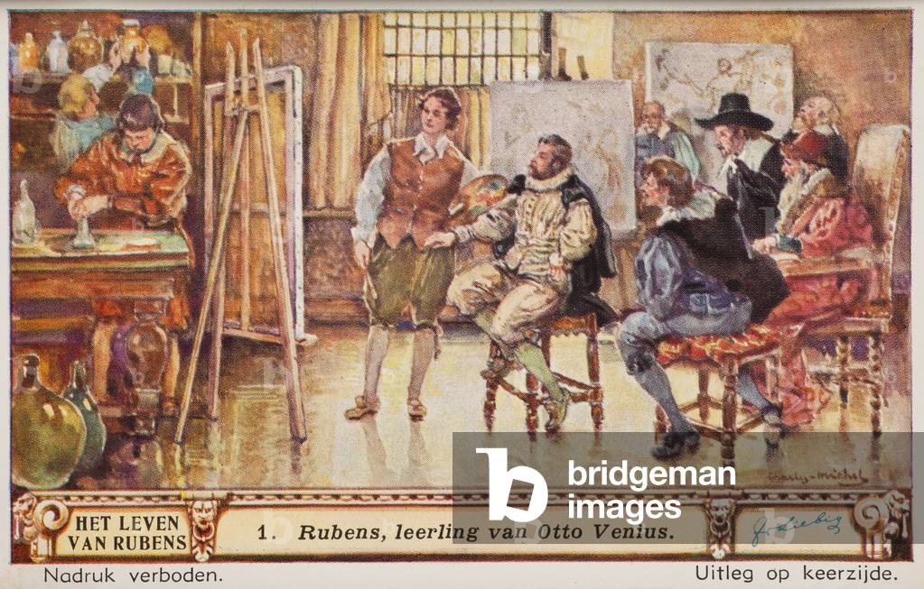 Liebig Chromos. Trade card. Series 1421, The life of Rubens, no 1, Rubens as a pupil of Otto Venius. 1940.