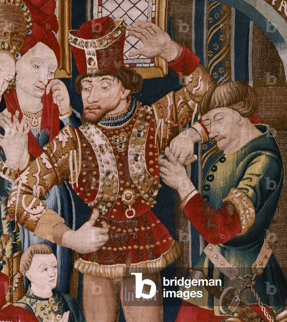 Flemish tapestry. Series The Trojan War. Achilles’ Tent (La Tienda de Aquiles). Sixth tapestry in the series. Model Coëtivy Master (Henry or Conrard de Vulcop). Manufacture Tournai workshops. Ca 1470. Fabric Wool and silk, 6/7 warps per cm. Size 467 x 690 cm. Location Cathedral of Zamora, Cathedral Museum). Origin A donation of Count Alba de Aliste, it arrived at the cathedral in 1608. Exhibition It is currently exhibited in the Museum’s facilities next to the cathedral.