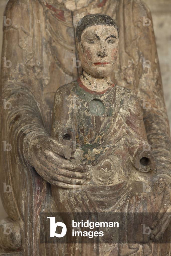Statue Madonna with Child. Polychrome wood. Romanesque. Detail. The Child.