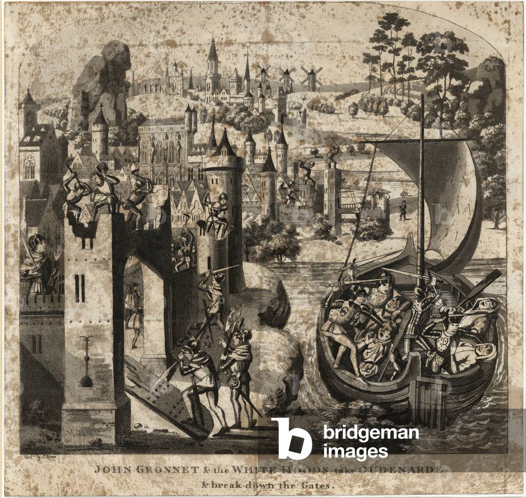 Municipal archive. Print. John Gronnet. John Gronnet & the White Hoods take Oudenaarde (engraving)