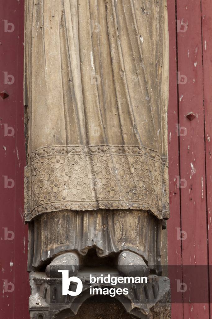 Cathedral (Cathédrale Saint-Etienne). Exterior. West central portal. Detail. The trumeau. Statue (Statue de Saint Étienne). Lower part. End 12th century.