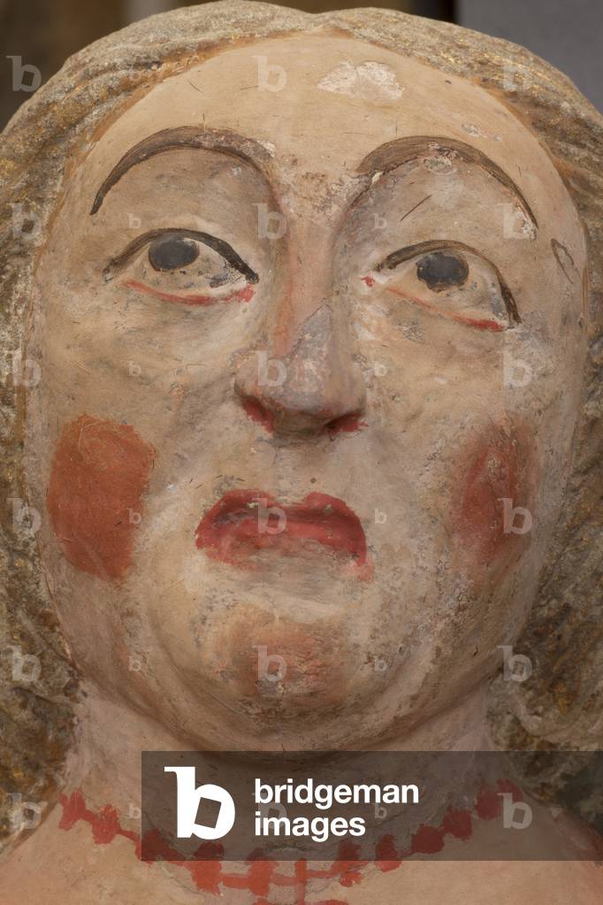 Altarpiece. polychrome stone. Second half 14th century. Origin former parish church of Torre de Rialb. Detail. Mid register. Central panel. Saint Victoria.