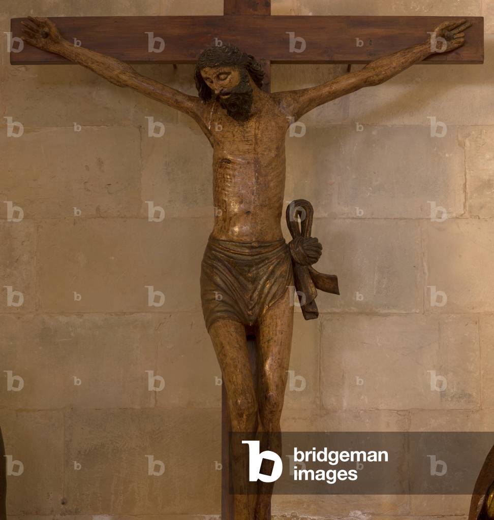 Monastery (Monestir de Poblet). The church. The narthex. A calvary. Detail. Christ on the cross. Polychrome wood. Gothic. 14th century (?).