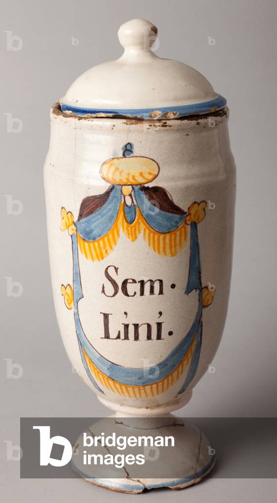 Pharmacy can. Polychrome earthenware. Last part of 18th - begin 19th century. Museum inventory no: 1308.