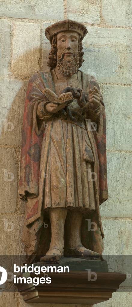 Basilic church (Basilique Saint-Jacques-le-Majeur, Collégiale Saint-Etienne). Interior. A statue. A pilgrim (Pèlerin méditant sur la passion du Christ). Wood. Rests of polychrome. Begin 14th century.