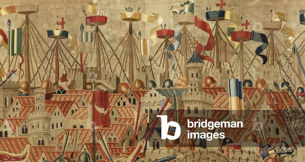 Tapestry showing the Conquests of king Alfonso V of Portugal (Conquistas de Alfonso V de Portugal), Tournai. Detail. (Wool and silk)