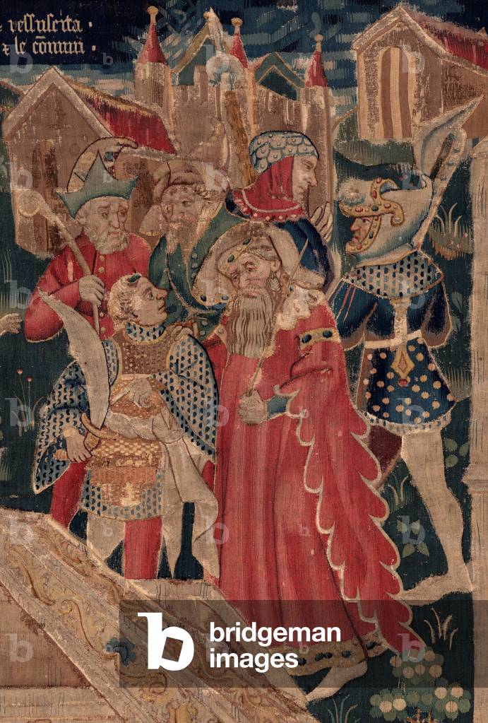 History of Saint Piat and Saint Eleuthère, Scene 12: The resurrection of the tribune's daughter (Comment Jehsucrist reclama le bon saint et ressuscita par chy la fille de tribun present son père et le commun). Detail.
