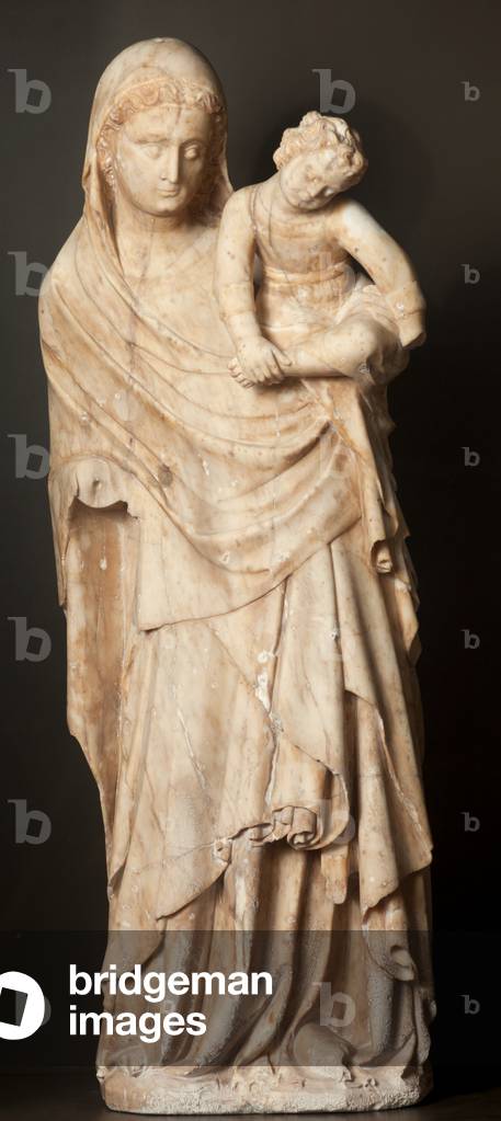 Museum Museu Comarcal de l'Urgell. Statue. Madonna with Child. Alabaster. Origin church Santa Maria de Tàrrega. 91cmx33,8x24,4cm. 3rd quart of 14th century. Museum ref MCUT 4649. In deposit of the parish parròquia de Santa Maria de l'Alba de Tàrrega.