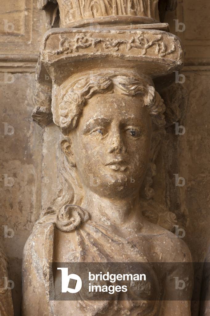 Cathedral Catedral de Nuestra Señora de la Huerta. Exterior. The north portal. Juan de Talavera. Detail. Left doorjamb: bust of a statue, a woman. Late baroque.