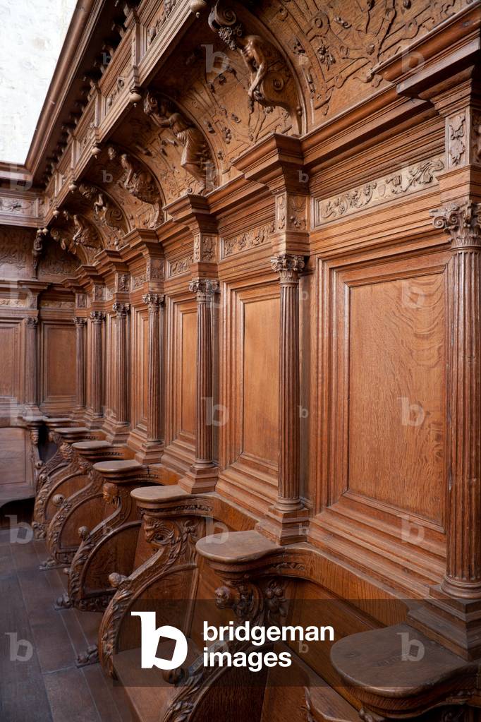 Collegiate church. Interior. Choir. Seating. Renaissance. Wood. Detail. Sculpture.