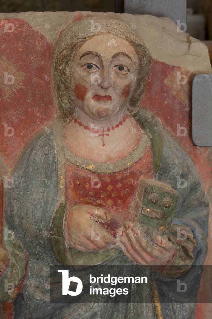 Altarpiece. polychrome stone. Second half 14th century. Origin former parish church of Torre de Rialb. Detail. Mid register. Central panel. Saint Victoria.