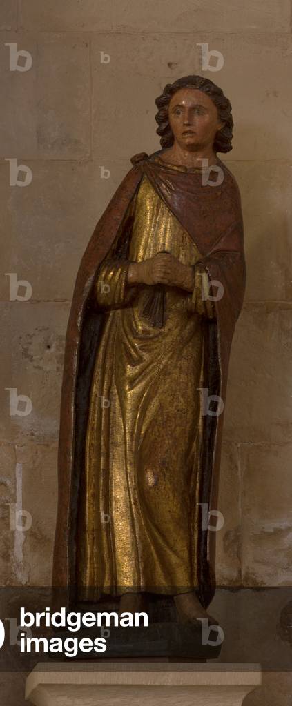 Monastery (Monestir de Poblet). The church. The narthex. A calvary. Detail. Statue of Saint John. Polychrome wood. Gothic. 14th century (?).