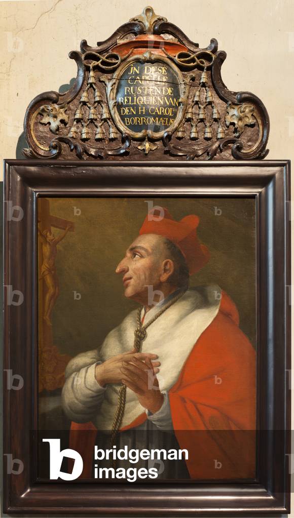 Collegiate church (Sint-Hermeskerk). Interior. North aisle. Chapel Carolus Borromeus. Painting. Anonymous. Portrait of Carolus Borromeus. Text IN DESE CAPELLE RUSTEN DE RELIQUIEN VAN DEN H CAROL BORROMAEUS.