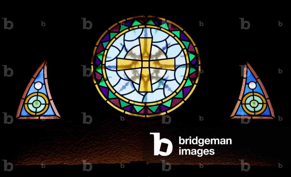 Ribelles. The family chapel. Interior. West wall. The stained glass windows. Modernism/eclecticism.