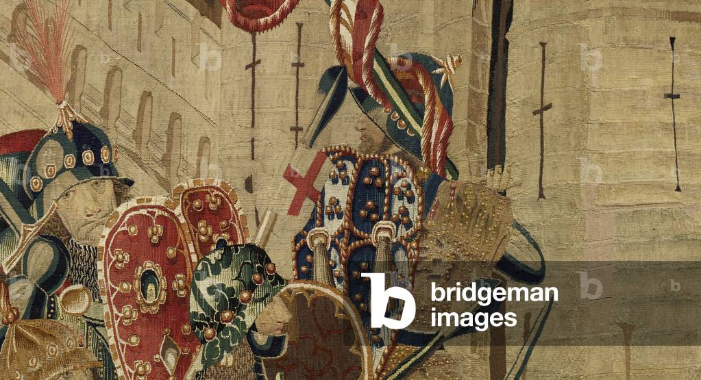 Tapestry showing the Conquests of king Alfonso V of Portugal (Conquistas de Alfonso V de Portugal), Tournai. Detail. (Wool and silk)