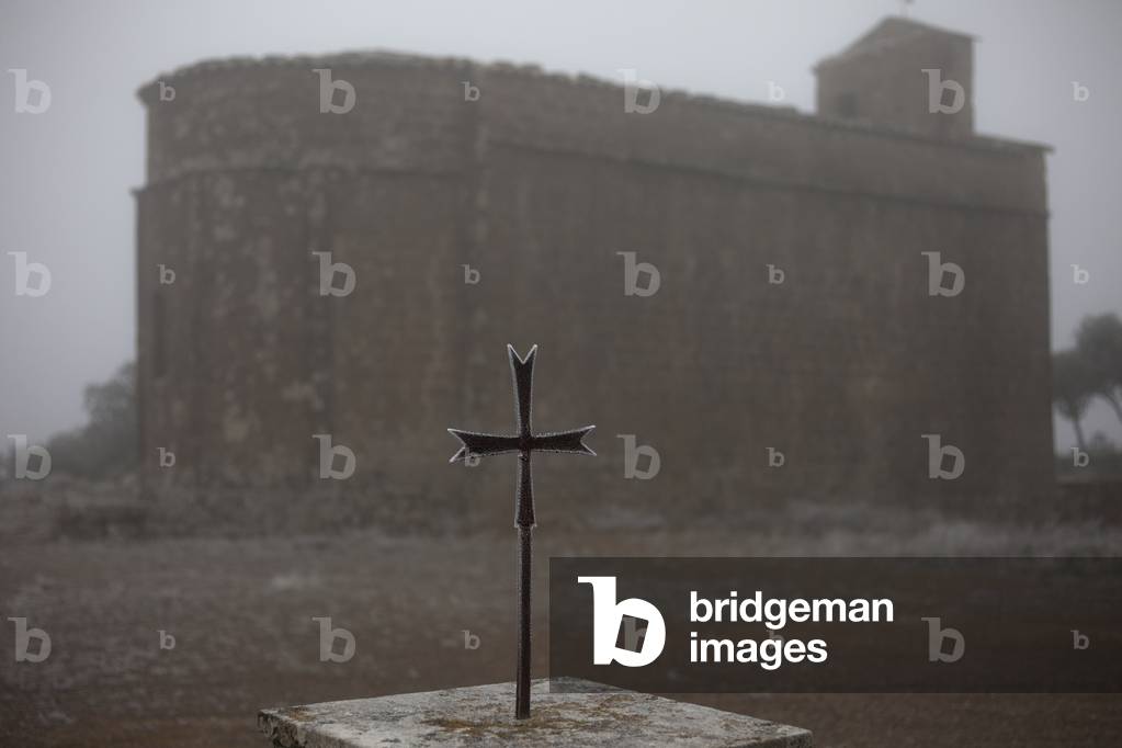Lloberola. The Place of pilgrimage (Santa María de Lloberola). The square and the chapel. Wintertime view.