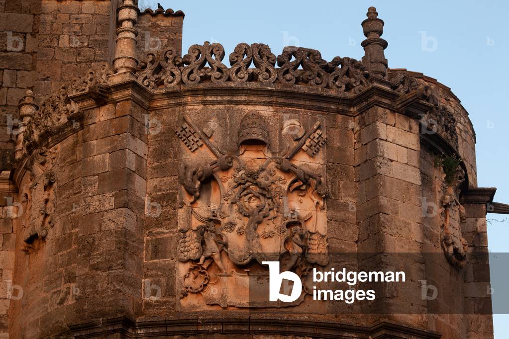 The cathedral (Catedral de la Asunción). Exterior. Soutwest. Detail. An escutcheon.