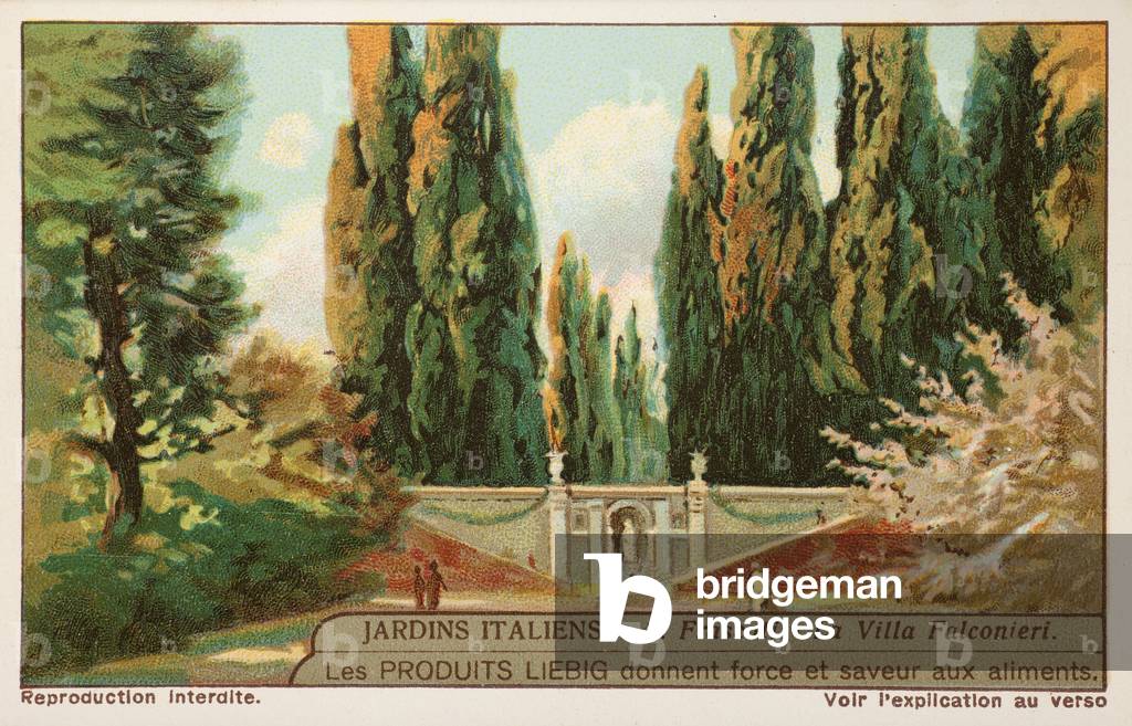 Liebig Chromos. Trade card. Series 1240, Italian gardens, no 2, the Falconieri villa at Frascati. 1936 (lithograph)