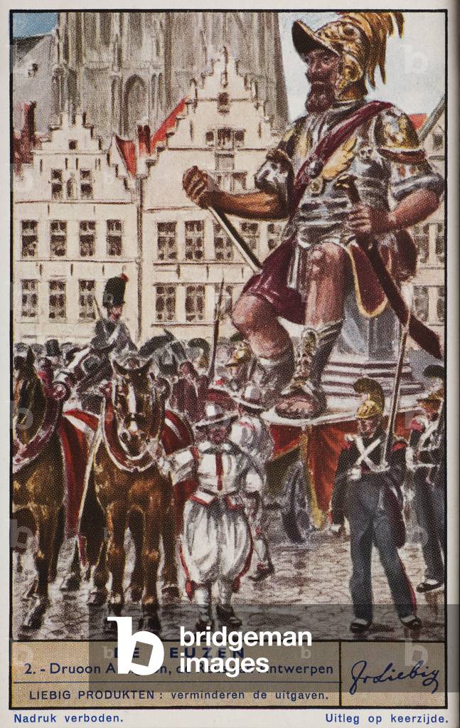 Liebig Chromos. Trade card. Series 1416, legendary Belgian giants, no 2, the giant Druoon antigoon at Antwerp. 1940.