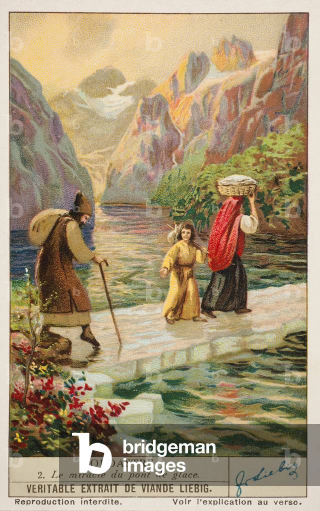 Liebig Chromos. Trade card. Series 1347, Zarathustra (Zoroastre), no 2, the miracle at the ice bridge. 1936.