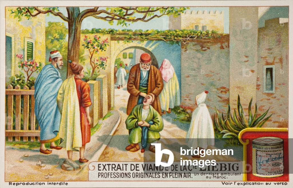 Liebig Chromos. Trade card. Series 1217, Unusual outdoor occupations, no 6, an ambulant dentist in Morocco (lithograph)