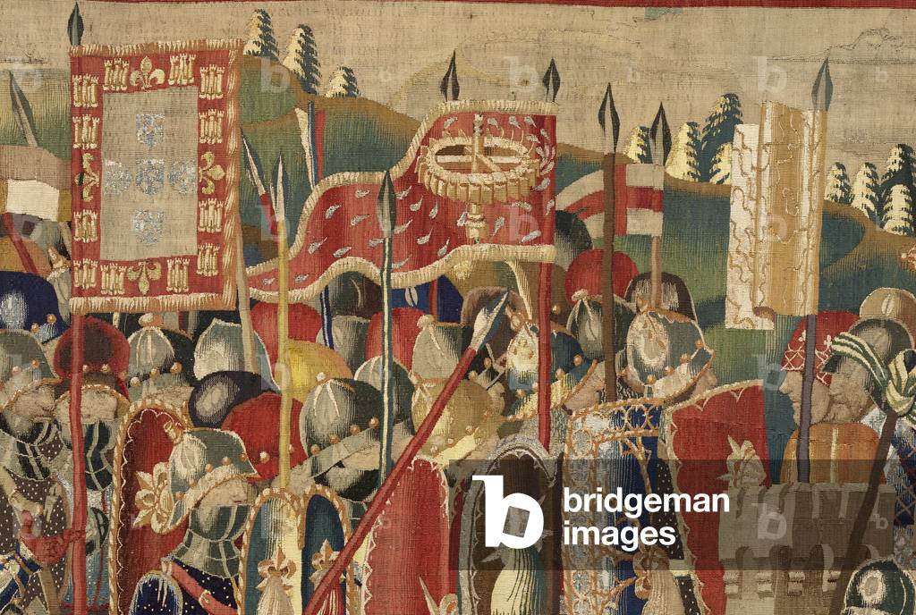 Tapestry showing the Conquests of king Alfonso V of Portugal (Conquistas de Alfonso V de Portugal), Tournai. Detail. (Wool and silk)