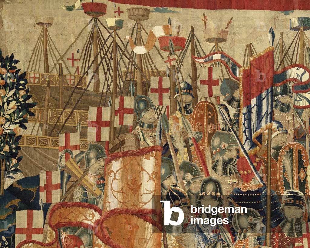 Tapestry showing the Conquests of king Alfonso V of Portugal (Conquistas de Alfonso V de Portugal), Tournai. Detail. (Wool and silk)