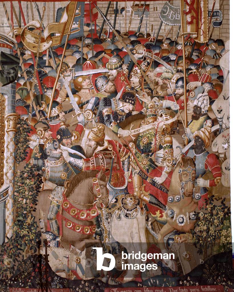 Flemish tapestry. Series The Trojan War. Achilles' Death (Muerte de Aquiles). Eighth tapestry in the series. Model Coëtivy Master (Henry or Conrard de Vulcop). Manufacture Tournai workshops. Ca 1470. Fabric Wool and silk, 6/7 warps per cm. Size 482 x 942 cm. Location Cathedral of Zamora, Cathedral Museum. Origin A donation of Count Alba de Aliste, it arrived at the cathedral in 1608. On display Located in the facilities of the Cathedral Museum annexed to the temple. Its remarkable size prevents contemplation from adequate distance, even more so as it probably the tapestry with the most characters in the whole series.