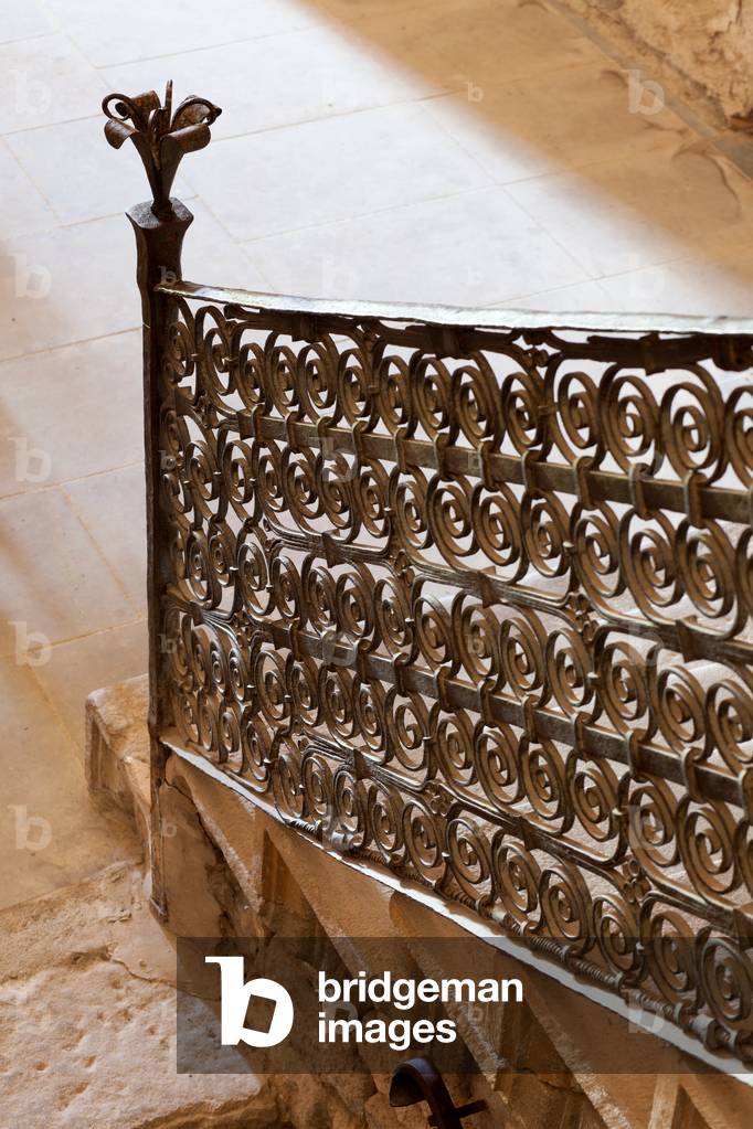 Church (Església de Sant Esteve). Interior. The nave. A staircase handrail. Ironwork. Romanesque. 11th century.