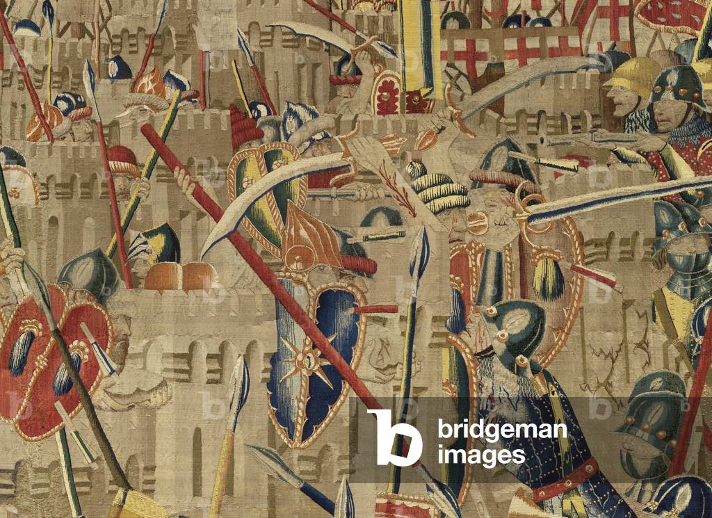 Tapestry showing the Conquests of king Alfonso V of Portugal (Conquistas de Alfonso V de Portugal), Tournai. Detail. (Wool and silk)