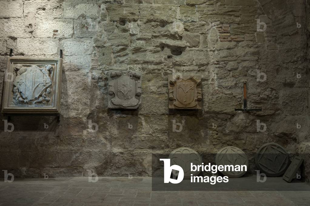 Town hall La Paeria. Interior. Underground. Escucheons.